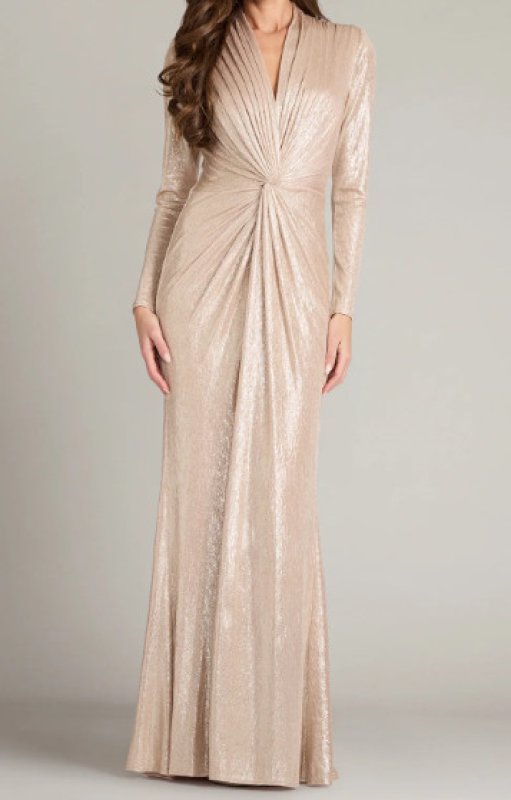 画像1: Tadashi Shoji タダシショージ  袖あり Ferrum メタリックロングドレス｜ベージュ系 (1)