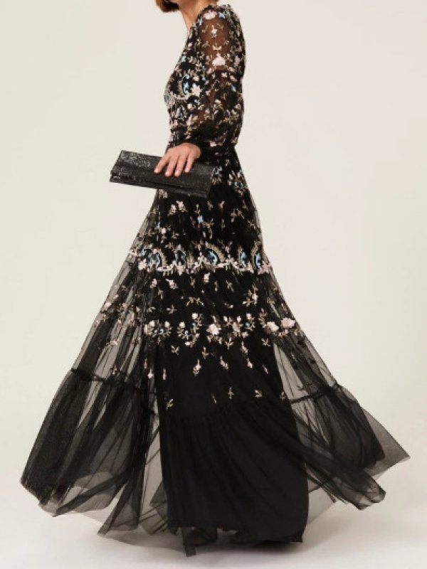画像5: Mac Duggal マックドゥガル　 Embroidered Black Floral Blouson Sleeve Gown  (5)
