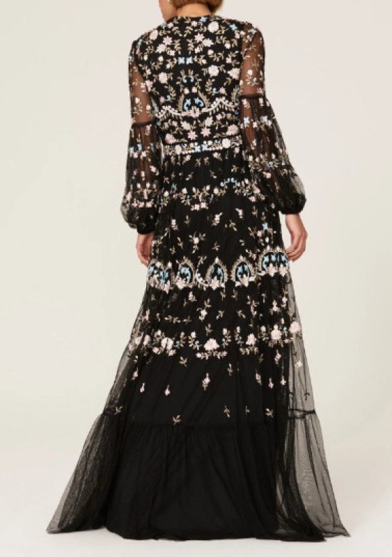 画像1: Mac Duggal マックドゥガル　 Embroidered Black Floral Blouson Sleeve Gown  (1)