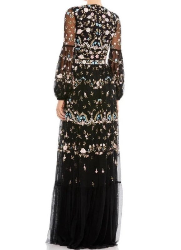 画像3: Mac Duggal マックドゥガル　 Embroidered Black Floral Blouson Sleeve Gown  (3)