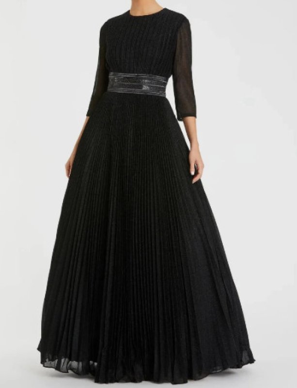 画像1: Ieena for Mac Duggal マックドゥガル　Black Shimmering 7分袖 PLEATED A-LINE GOWN  (1)