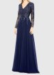 画像1: Mac Duggal マックドゥガル　Embellished Illusion V Neck Long Sleeve Gown ネイビー (1)