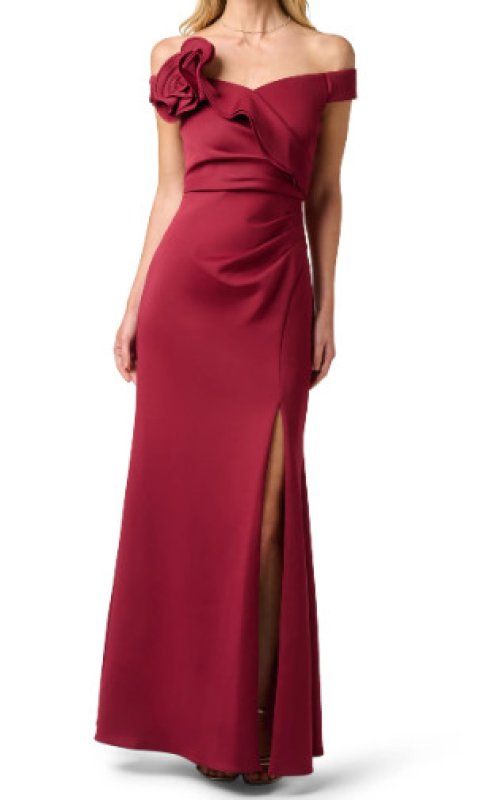 画像1: Adrianna Papell アドリアナパペル　Off Shoulder Rosette Stretch Mermaid Gown 　バーガンディ系 (1)