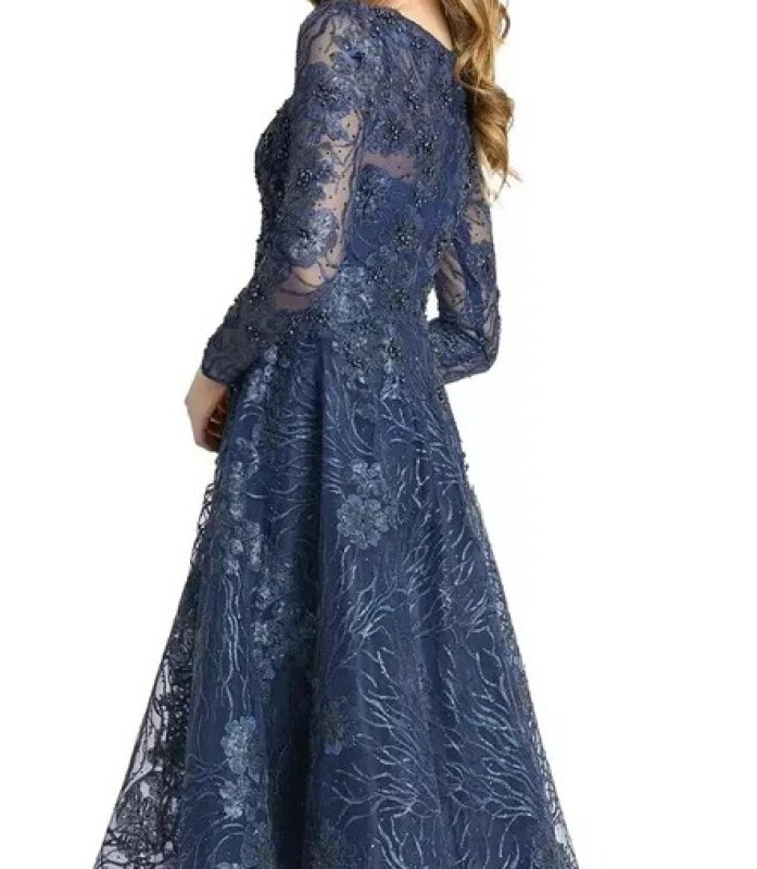 画像4: Mac Duggal マックドゥガル　Floral Embroidered Sequin Beaded Midi dress ネイビー (4)