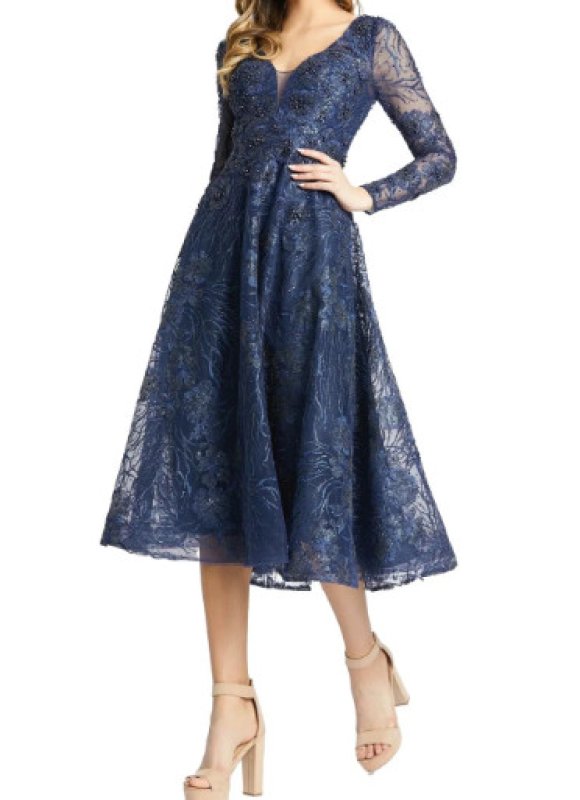 画像1: Mac Duggal マックドゥガル　Floral Embroidered Sequin Beaded Midi dress ネイビー (1)