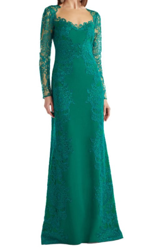 画像1: 【9/27まで特別価格】Tadashi Shoji タダシショージ  Regal  Embroidered Lace Long Sleeve Crepe Gown グリーン (1)
