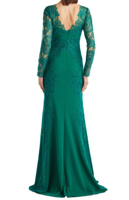 画像2: 【9/27まで特別価格】Tadashi Shoji タダシショージ  Regal  Embroidered Lace Long Sleeve Crepe Gown グリーン (2)