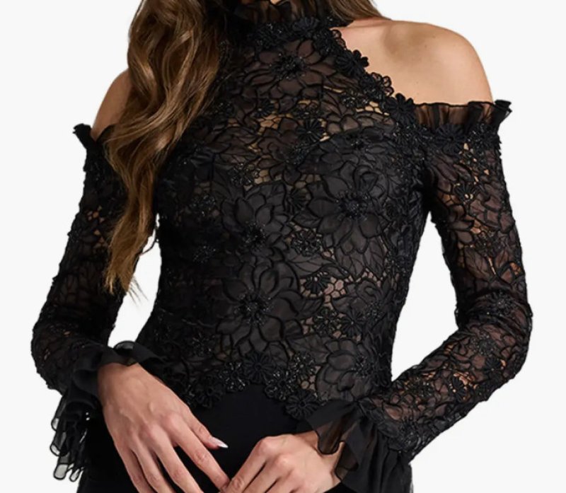 画像4: Tadashi Shoji タダシショージ  Avelora Embroidered Cold-Shoulder Gown  ブラック (4)