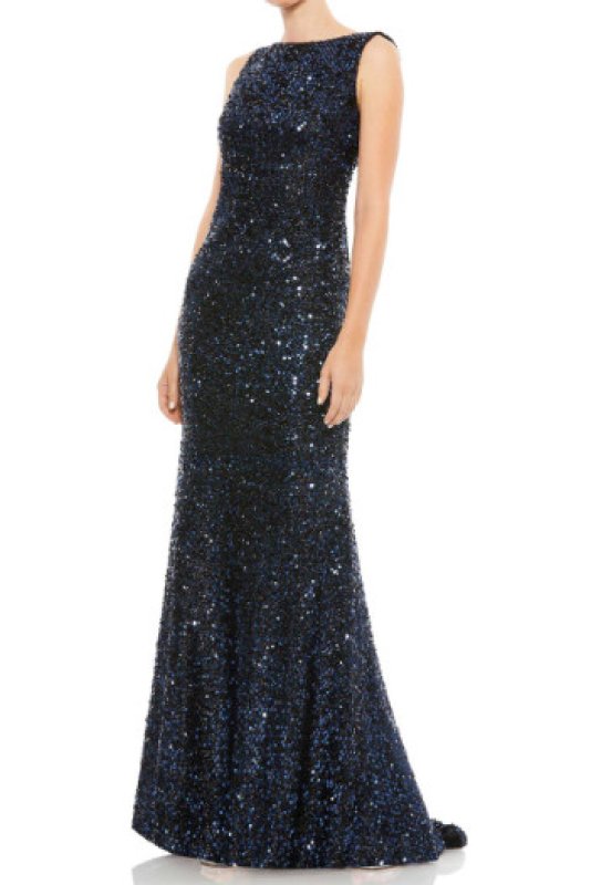 画像1: Ieena for Mac Duggal マックドゥガル　Cowl Back Boat Neck Sequined Evening Gown  ネイビー (1)