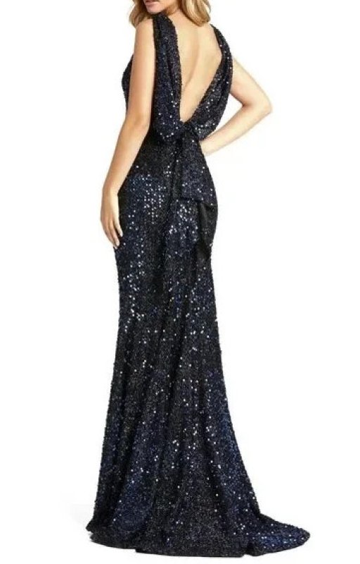 画像3: Ieena for Mac Duggal マックドゥガル　Cowl Back Boat Neck Sequined Evening Gown  ネイビー (3)