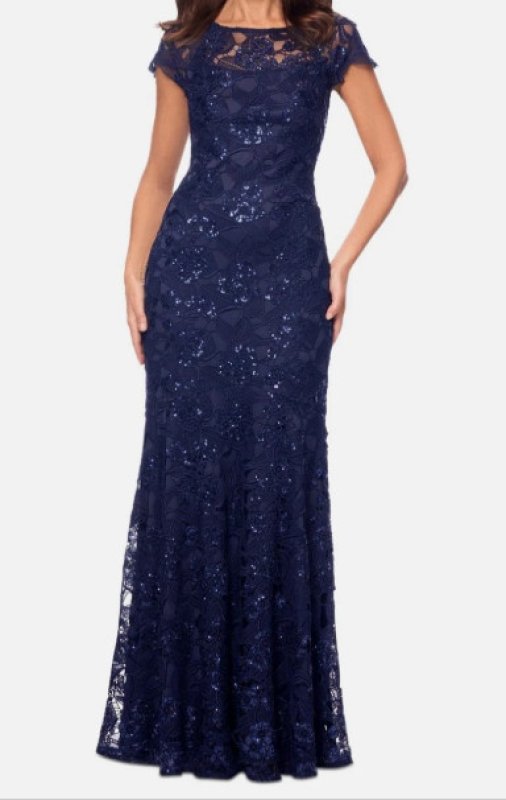 画像1: XSCAPE  Sequined Lace Cap-Sleeve Gown (1)