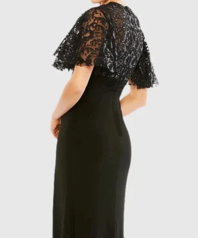 画像4: Mac Duggal マックドゥガル  ブラック 刺繍レース バタフライスリーブ ロングドレス (4)