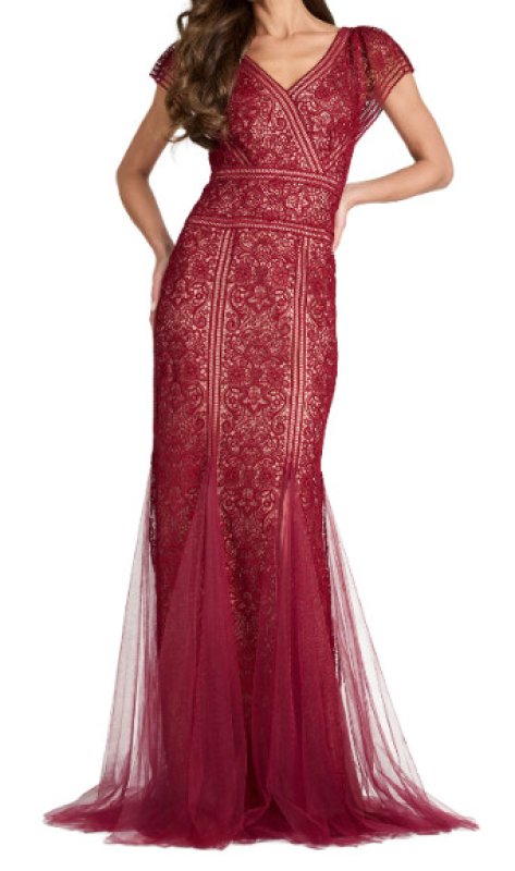 画像1: Tadashi Shoji タダシショージ  Taryn Trackwork Embroidered Mermaid Gown レッド系、ボルドー系 (1)