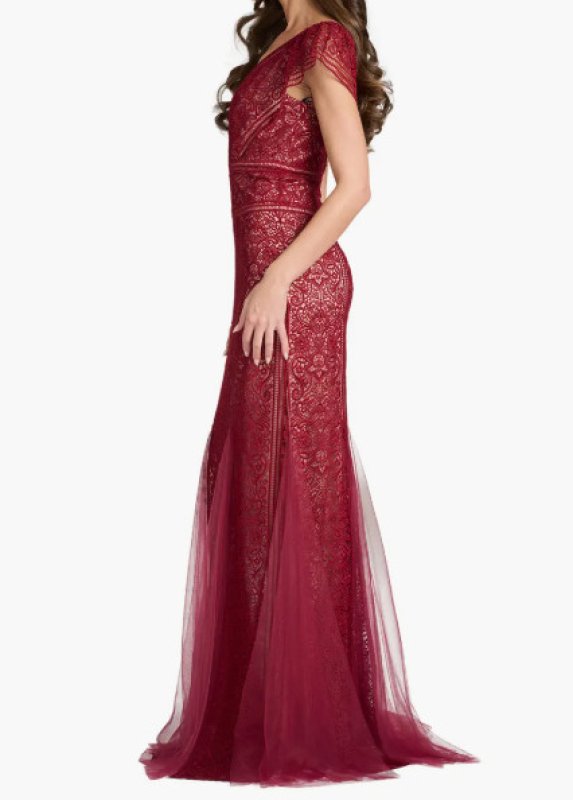 画像2: Tadashi Shoji タダシショージ  Taryn Trackwork Embroidered Mermaid Gown レッド系、ボルドー系 (2)
