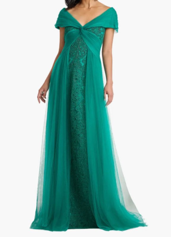 画像1: Tadashi Shoji タダシショージ  Parello Lotus Embroidered Tulle Gown グリーン (1)