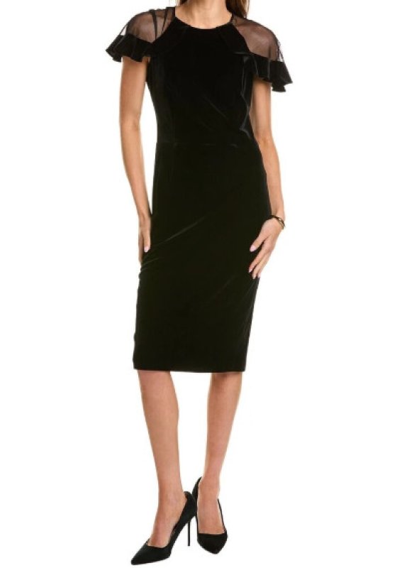 画像1: Eliza J  イライザジェイ 　Sheer Ruffle Shoulder velvet Dress  ブラック (1)