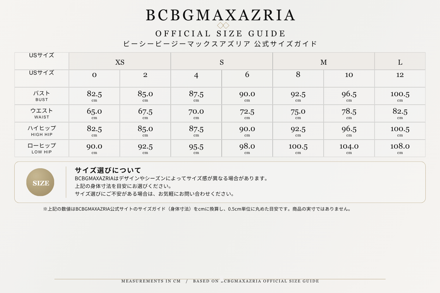 BCBGMAXAZRIAサイズ表