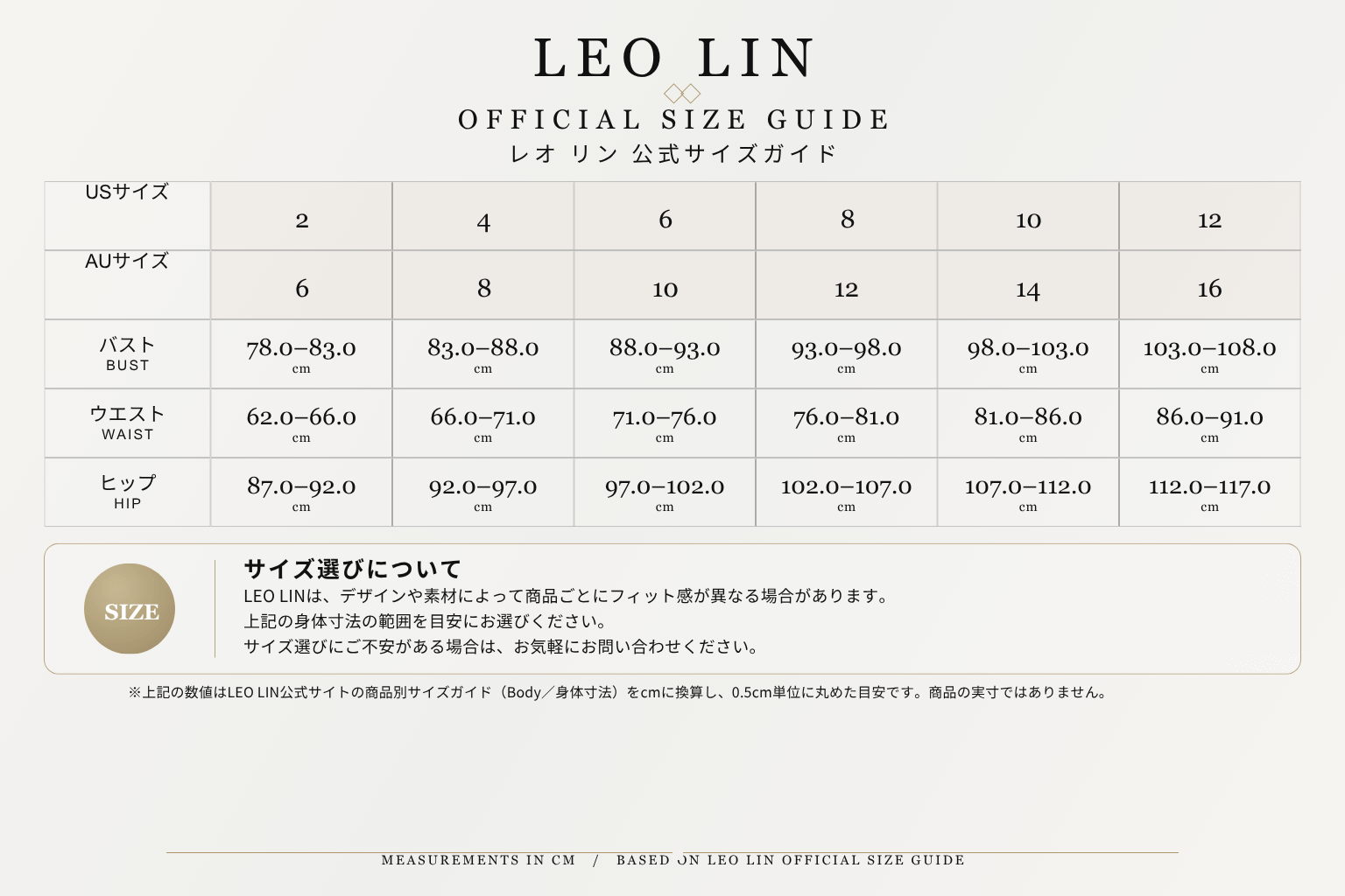レオリンサイズ表