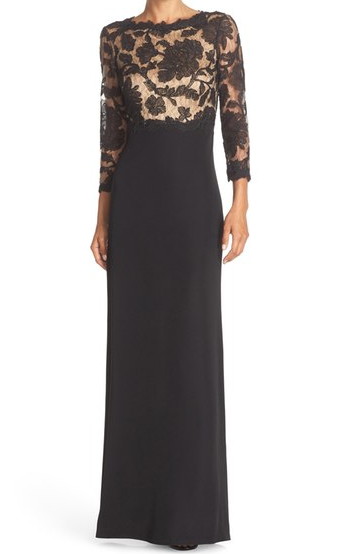 Tadashi Shoji      Three-Quarter Sleeve Lace and Crepe Gown　ブラック