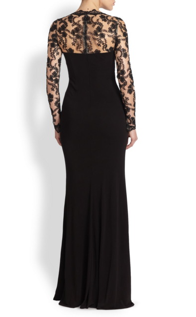 David Meister デビッドマイスター Lace Draped Jersey Slit Gown