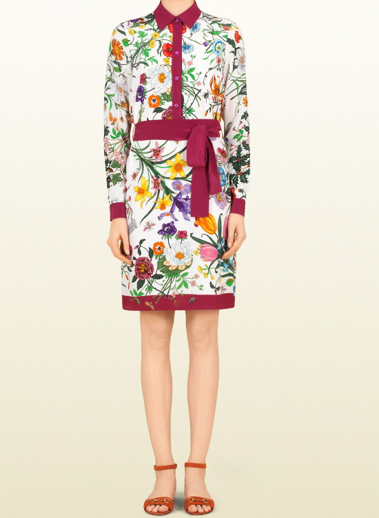 GUCCI グッチ Crepe de Chine Flora Print Shirt Dress - インポート