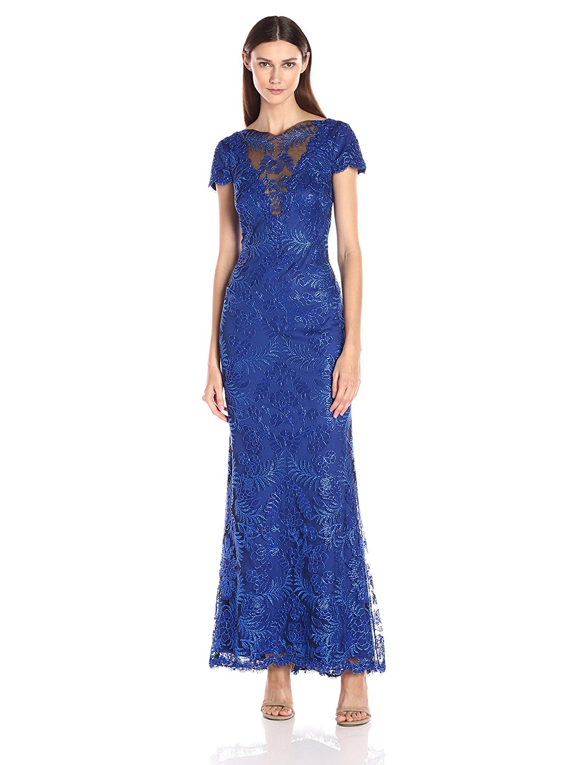 【デヴィ夫人ご着用】Tadashi Shoji タダシショージ Cap Sleeve Lace V-Back Gown ブルー系