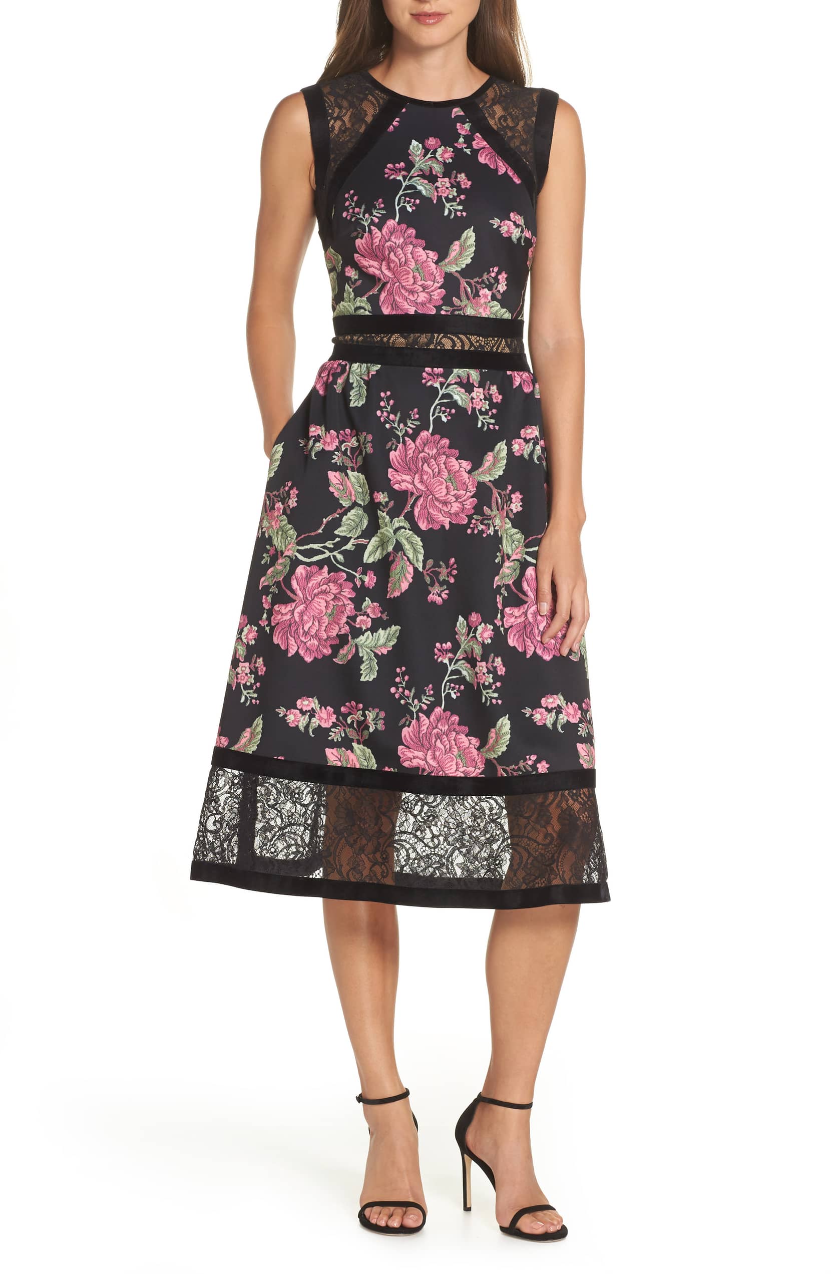 Tadashi Shoji タダシショージ Sleeveless Floral Print Midi Dress ピンク系 82601