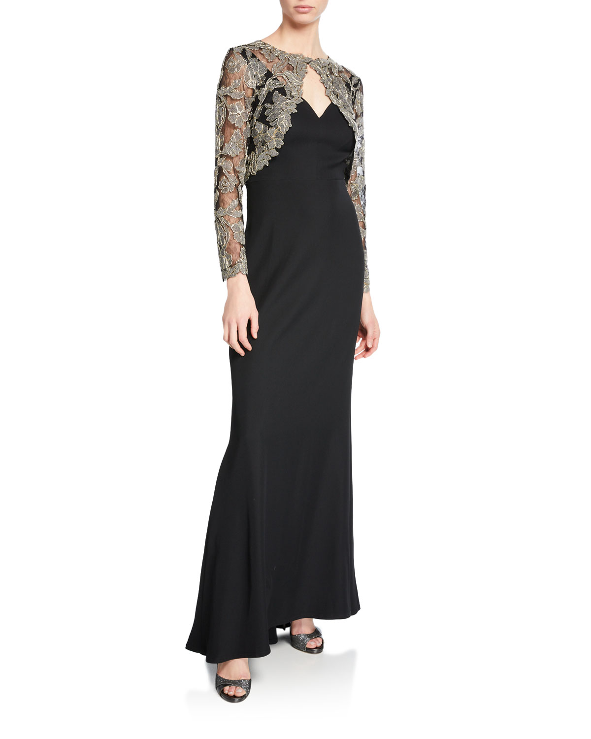 Tadashi Shoji タダシショージ Crepe & Embroidered Lace Gown ブラック系 - インポートワンピース