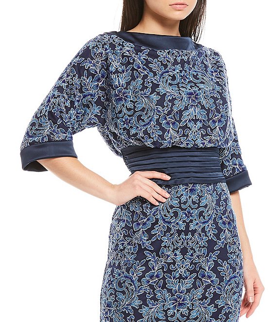 Tadashi Shoji タダシショージ Boat Neck Blouson Dress ブルー、ネイビー系 - インポートワンピース通販