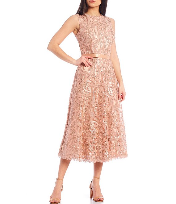 Tadashi Shoji タダシショージ Sequin Embroidered Corded Lace Midi Dress ピンク系