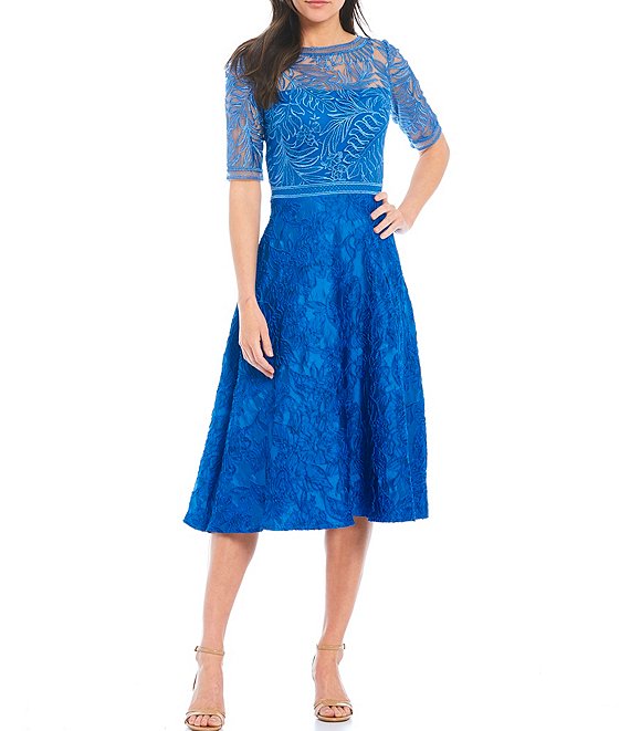 【アンミカさん着用】Tadashi Shoji タダシショージ Mixed Media Lace Bodice Midi Dress ブルー系