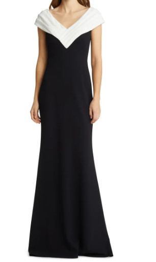 即発！Tadashi Shoji タダシショージ   MARIBEL DRAPED V-NECK GOWN　ブラック、ホワイト