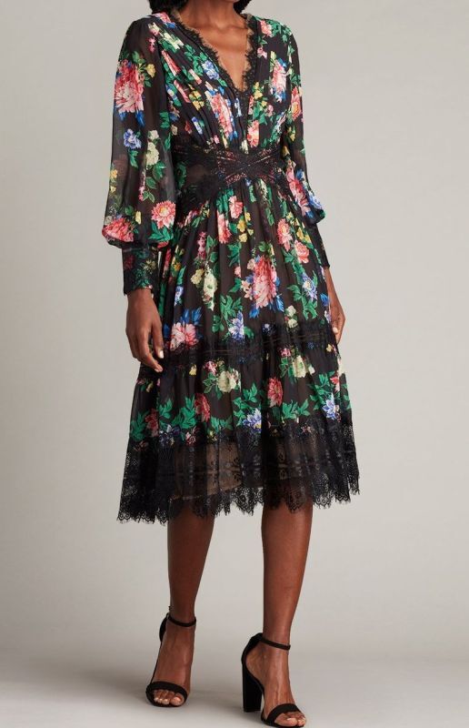 Tadashi Shoji タダシショージ  　CALVY FLORAL PRINT MIDI DRESS　ブラック系  41802