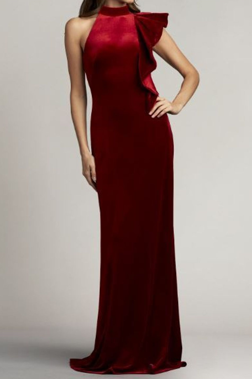 Tadashi Shoji タダシショージ ALTMAN VELVET FLOUNCE HALTER GOWN ...